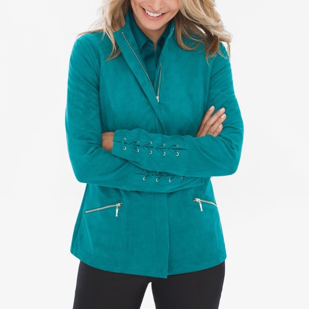 Freebie+Machine Wash Suede Look Chico's Vibrant Teal Blazer w/ Lace-Up Detail